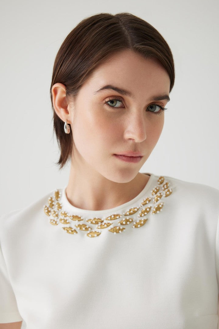 Regular Fit T-Shirt with Embroidered Neckline and Stone Details
