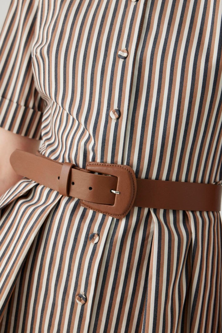 Striped Midi Dress with Shirt Collar, Belt, and Fitted Waist