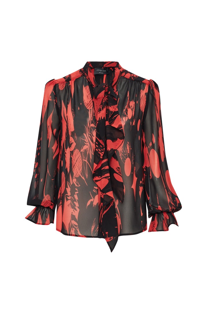Patterned Sheer Chiffon Shirt with Tie Detail and No Lining