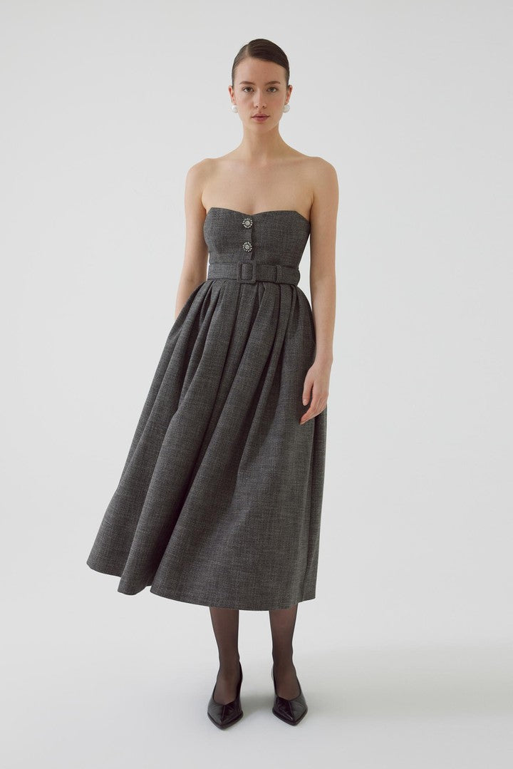 Strapless Belted Anthracite Midi Dress with Pleated Skirt