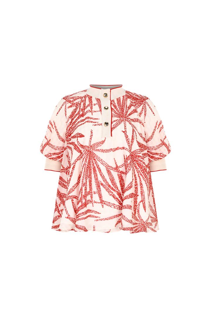 Relaxed Fit Leaf Patterned Rayon Chiffon Blouse with Button Details