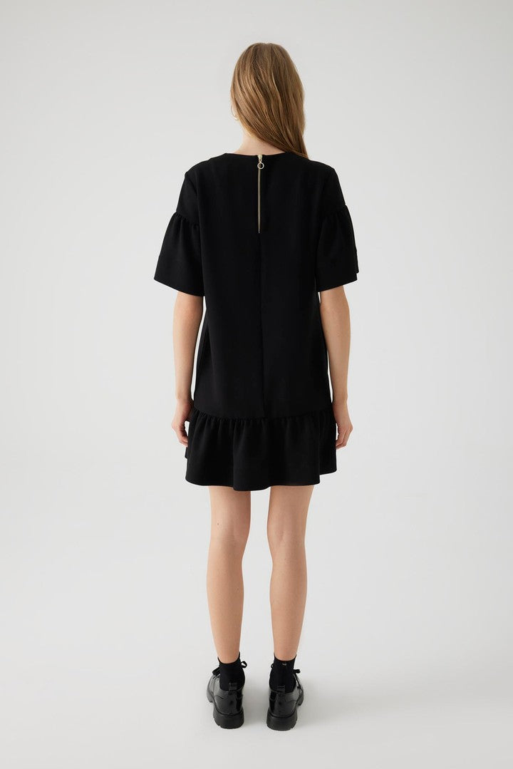 Stretch Knit Mini Dress with Embroidered Details and Crew Neck