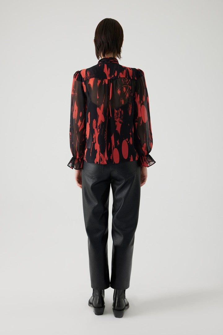 Patterned Sheer Chiffon Shirt with Tie Detail and No Lining