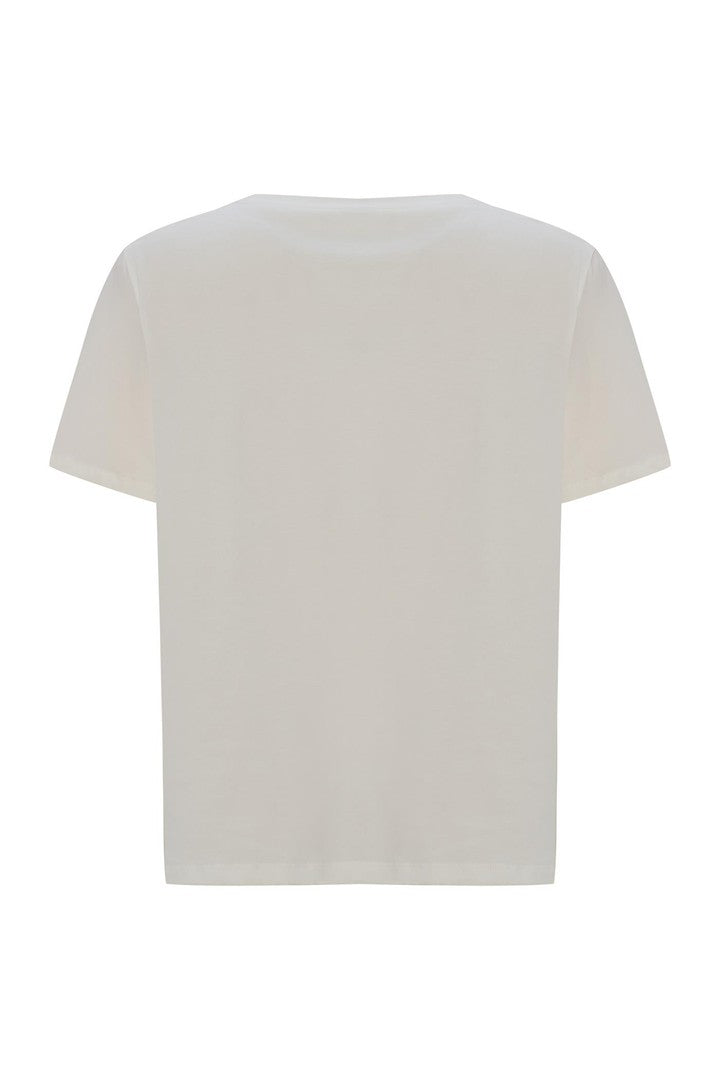 Ecru Regular Fit Stretch T-Shirt with Crew Neck and Beaded Embellishments