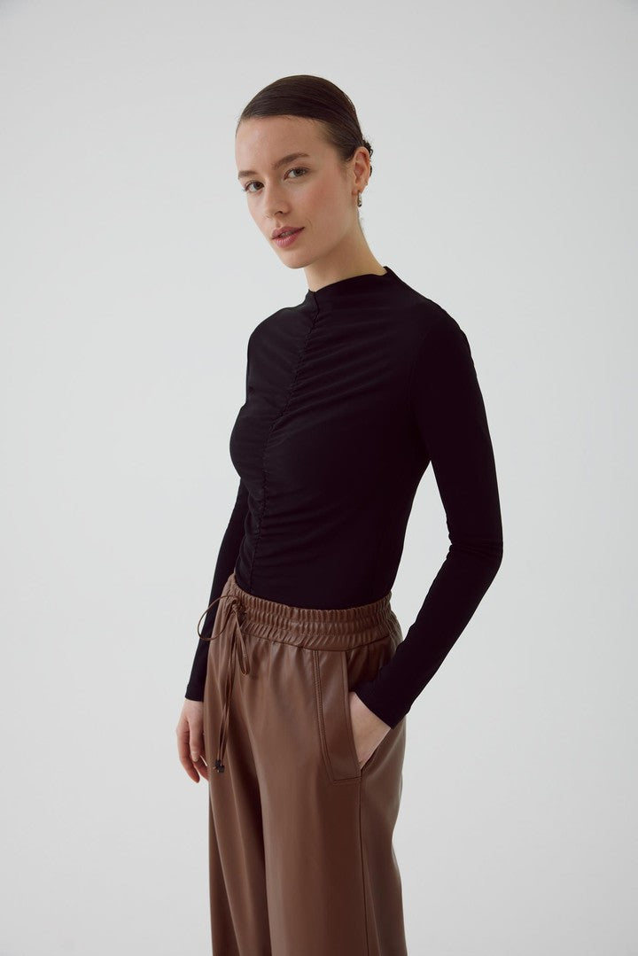 Black Fitted Tulle Blouse with Ruched Front Detail