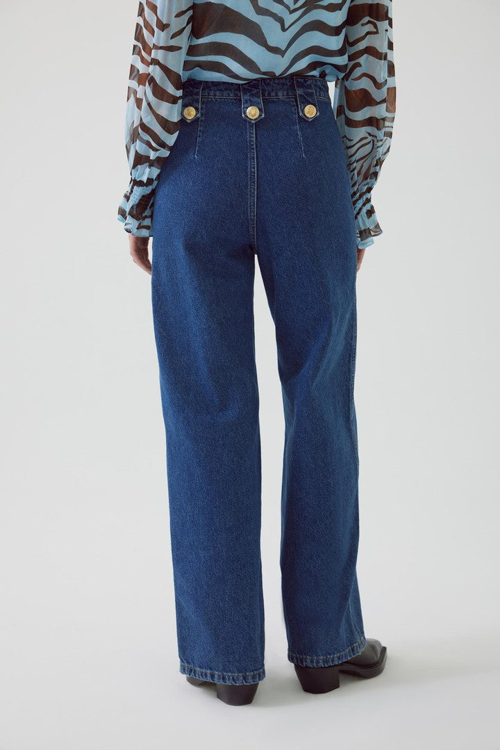 Indigo Cotton Regular Fit Denim Pants with Button Details