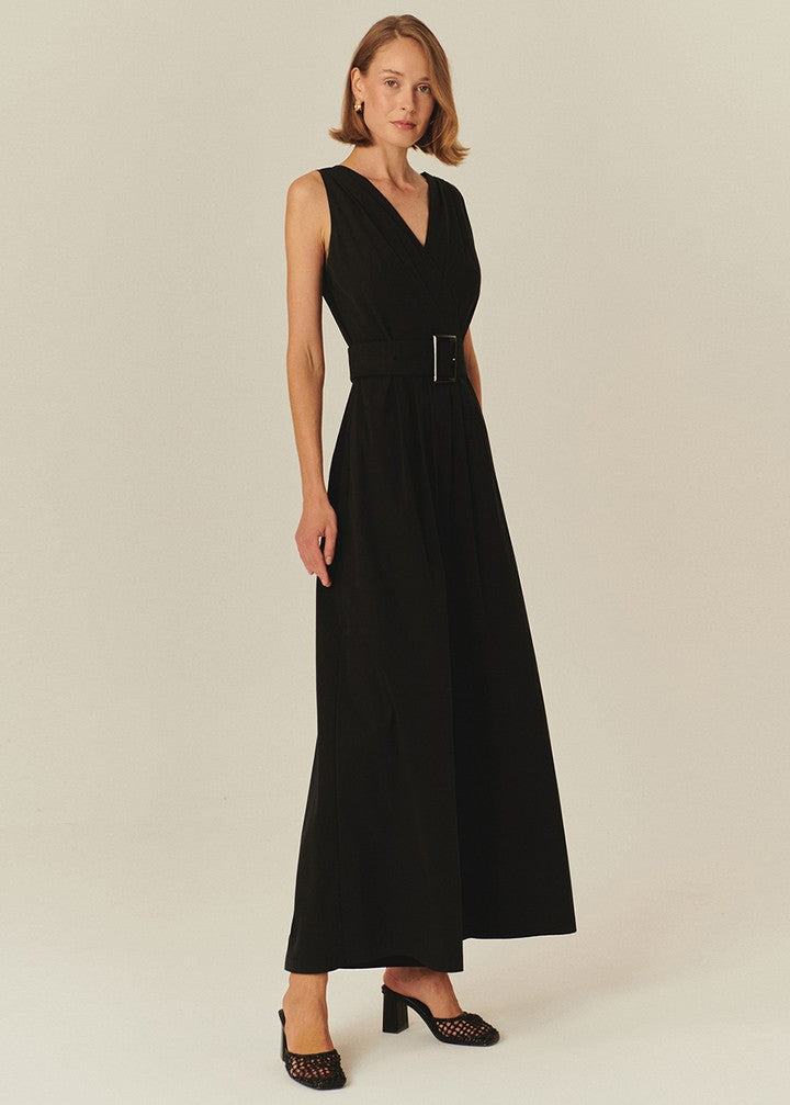 V-Neck Black Cotton Jumpsuit