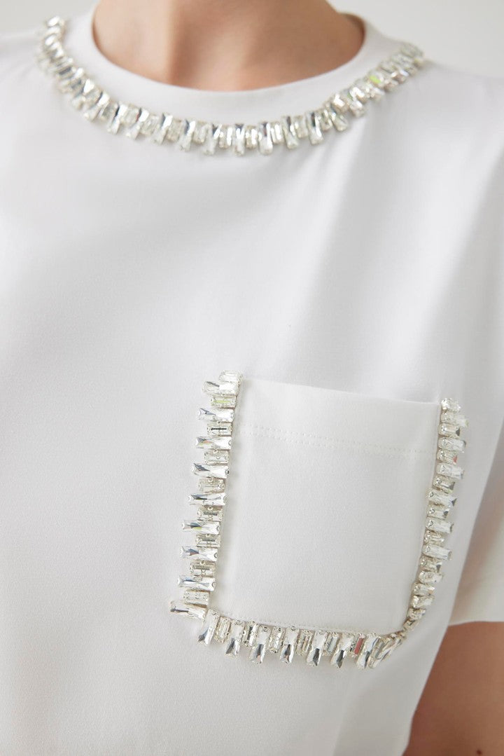 Bone Cotton Regular Fit T-Shirt with Embroidered Neckline and Stone Details