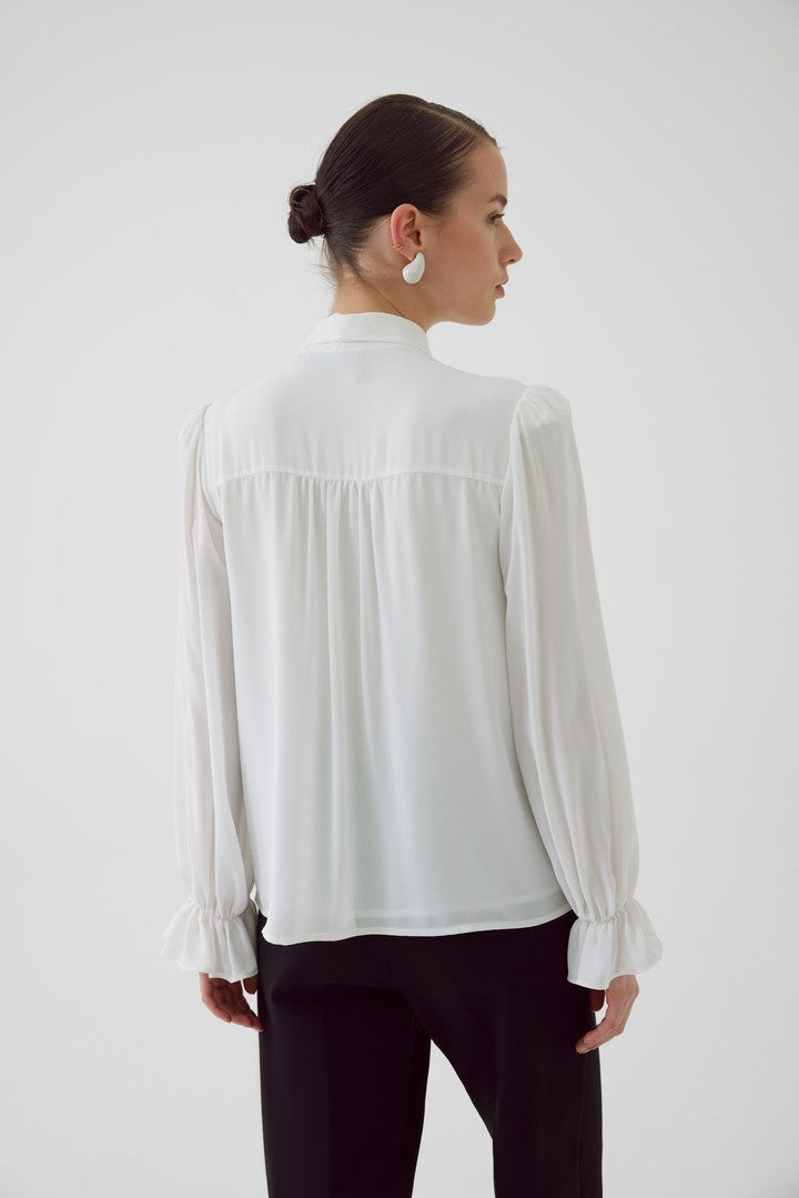 Bone Regular Fit Chiffon Blouse with Scarf Neck and Elastic Cuffs