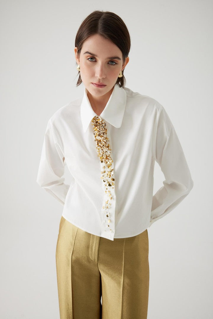 Ecru Straight Cut Cotton Shirt with Embroidered Details