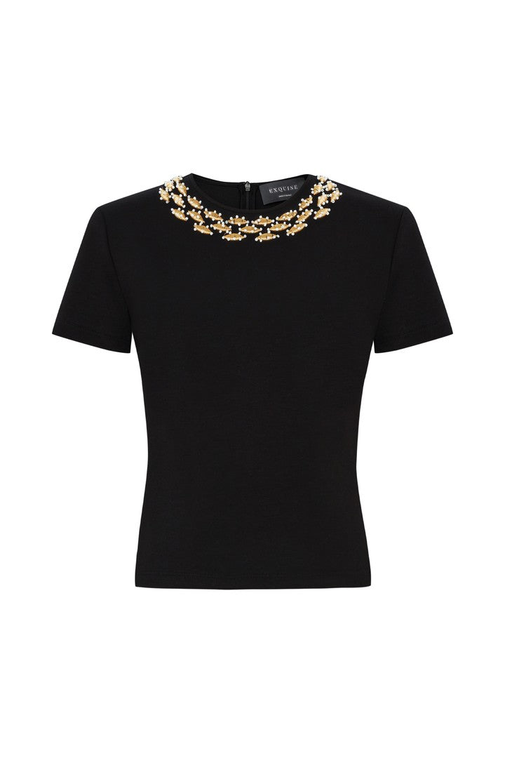 Regular Fit T-Shirt with Embroidered Neckline and Stone Details