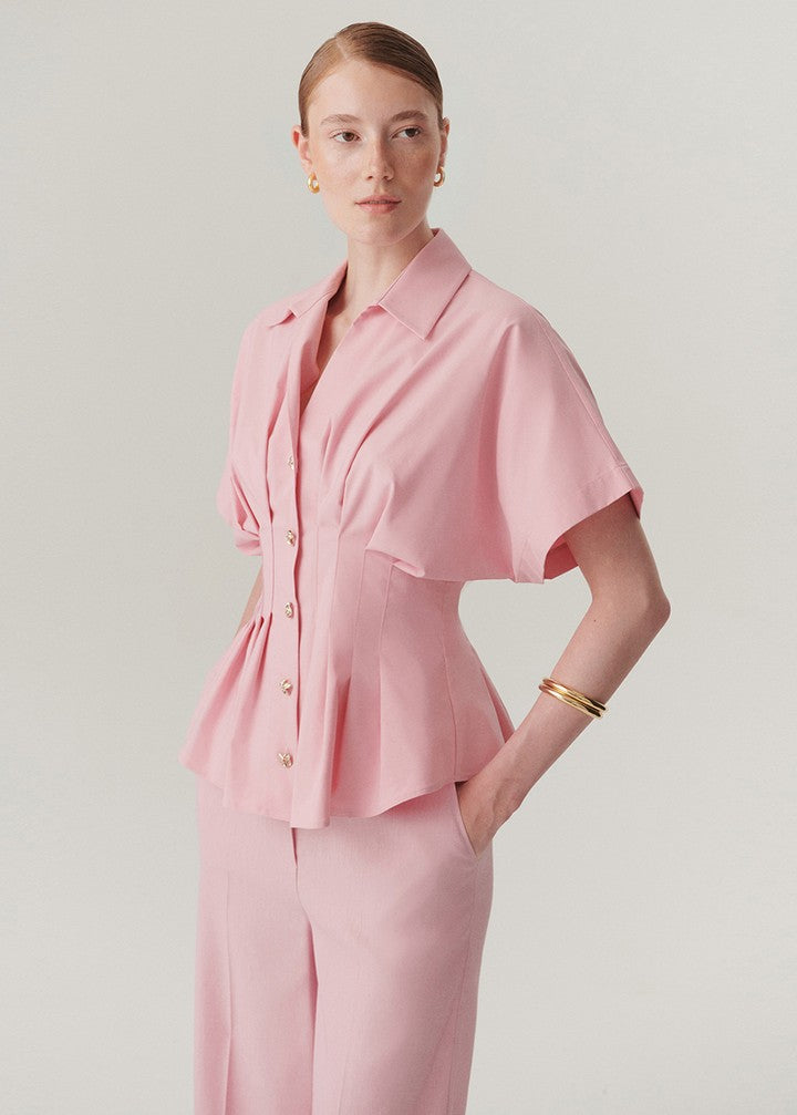 Pleated Waist Button-Up Blouse