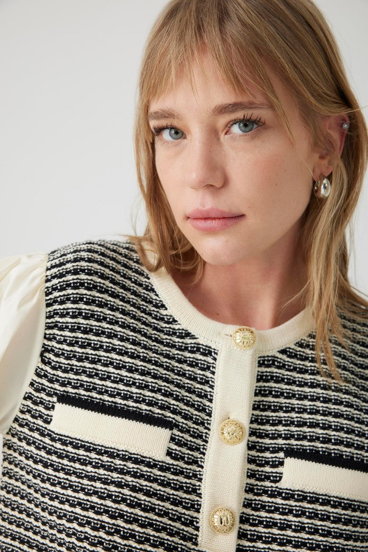 Knit Blouse with Poplin Sleeve and Pocket Details
