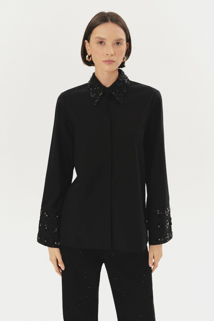 Black Regular Fit Cotton Shirt with Sequin Accents and Floral Embroidered Sleeves