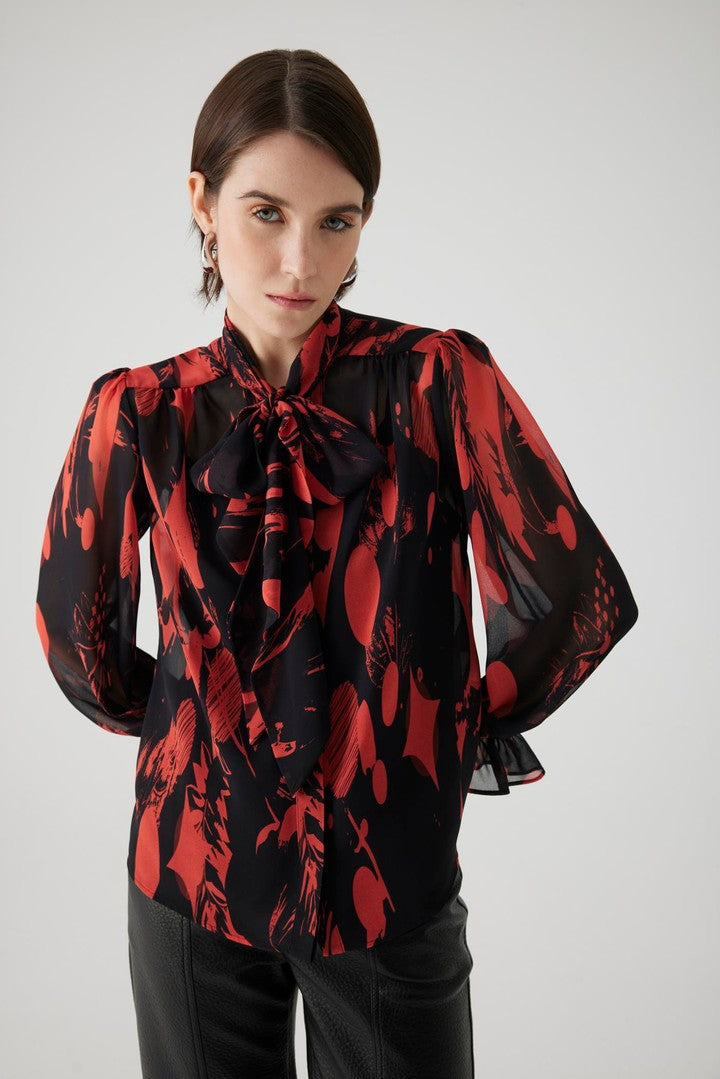 Patterned Sheer Chiffon Shirt with Tie Detail and No Lining