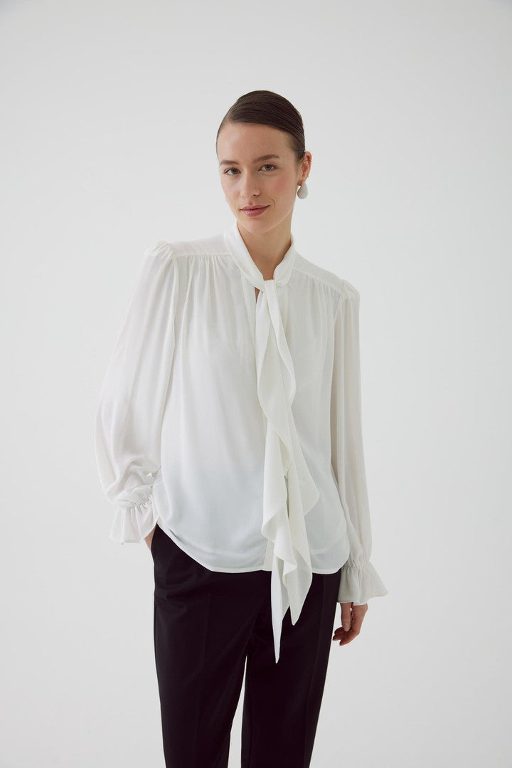 Bone Regular Fit Chiffon Blouse with Scarf Neck and Elastic Cuffs