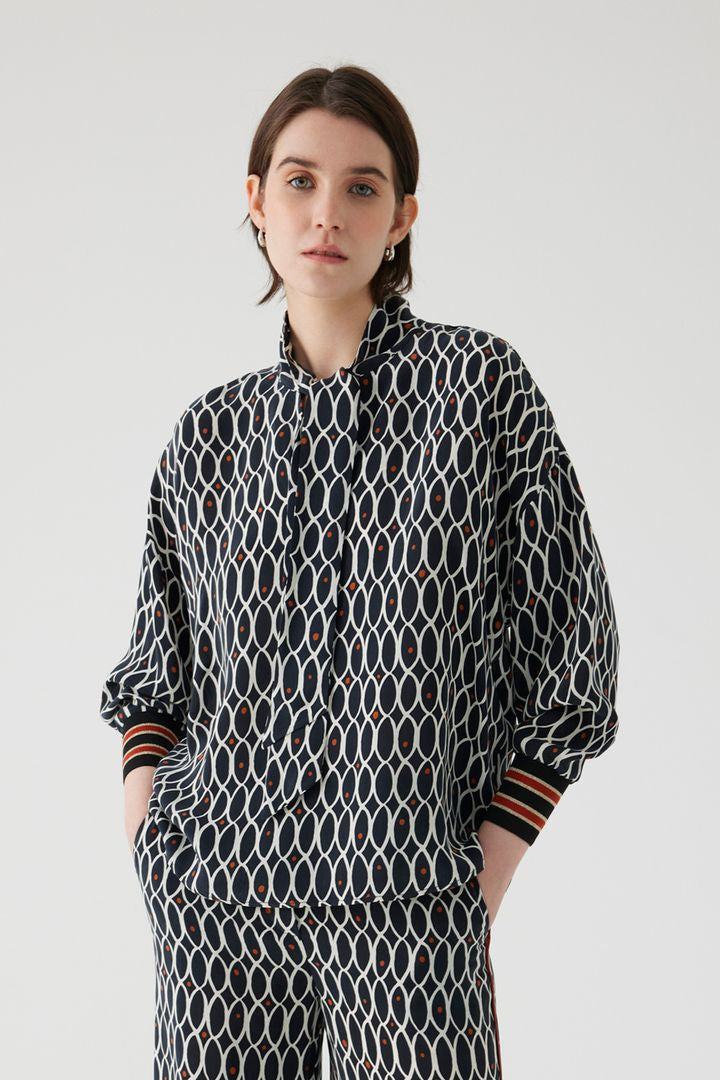 Regular Fit Blouse with Geometric Pattern and Scarf Neck
