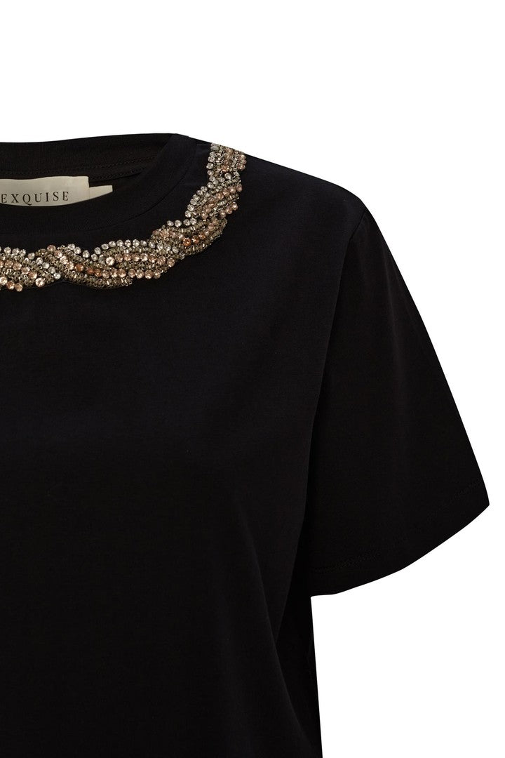 Regular Fit Cotton T-Shirt with Crystal Embellished Neckline