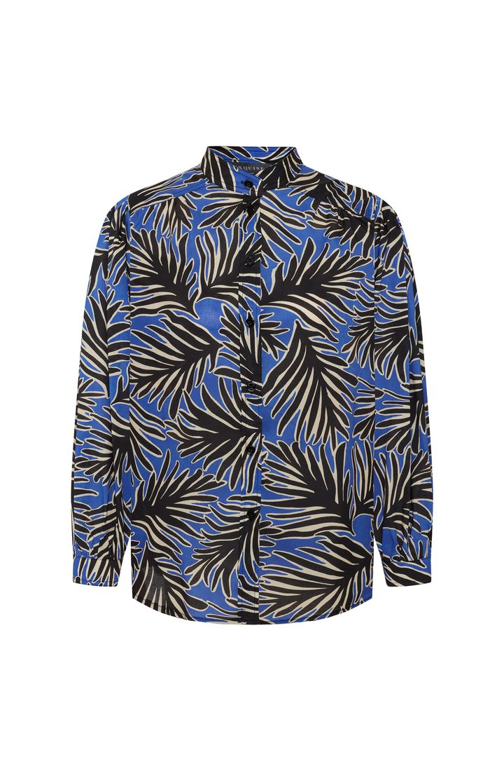 Stand Collar Long Sleeve Relaxed Fit Patterned Cotton Shirt
