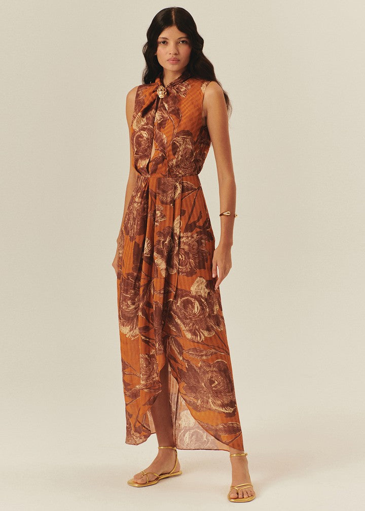 Printed Maxi Dress with Pearl Buckle Detail