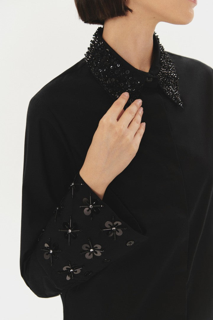 Black Regular Fit Cotton Shirt with Sequin Accents and Floral Embroidered Sleeves