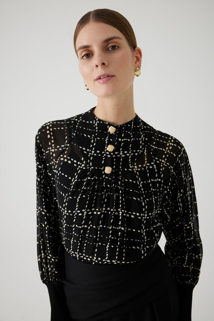 Black Regular Fit Chiffon Blouse with Plaid Lining