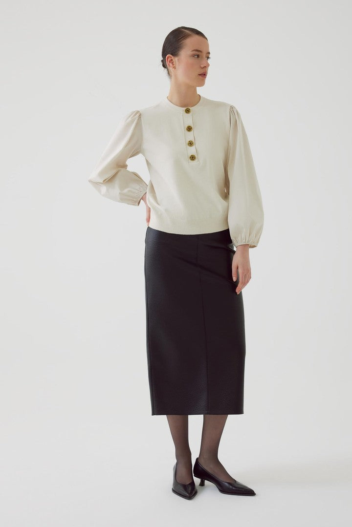 Bone Regular Fit Cotton Knit Blouse with Crew Neck and Elastic Cuffs