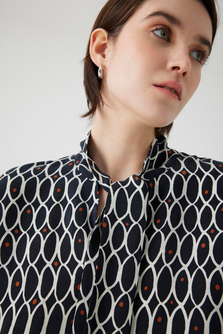 Regular Fit Blouse with Geometric Pattern and Scarf Neck