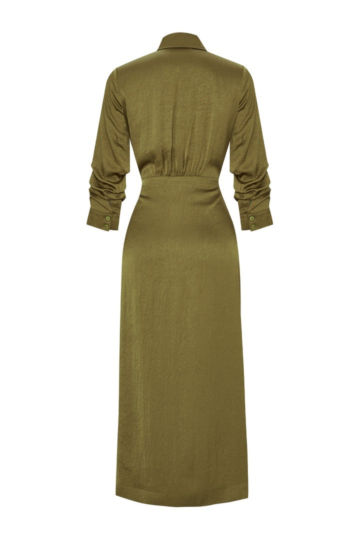 Khaki Midi Shirt Dress with Fitted Waist, Sleeve Details, and Waist Belt