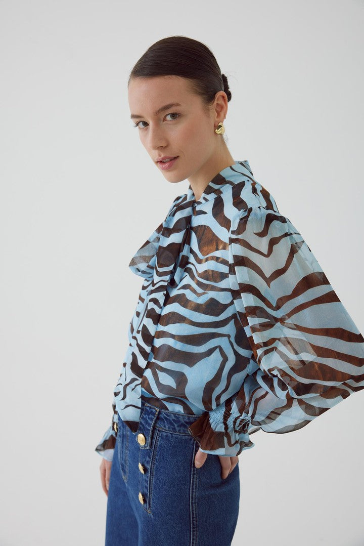 Regular Fit Zebra Print Blouse with Scarf Neck and Balloon Sleeves