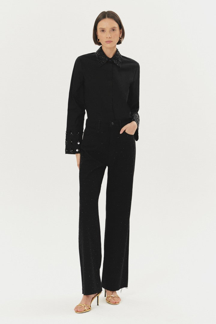 Black Regular Fit Cotton Shirt with Sequin Accents and Floral Embroidered Sleeves
