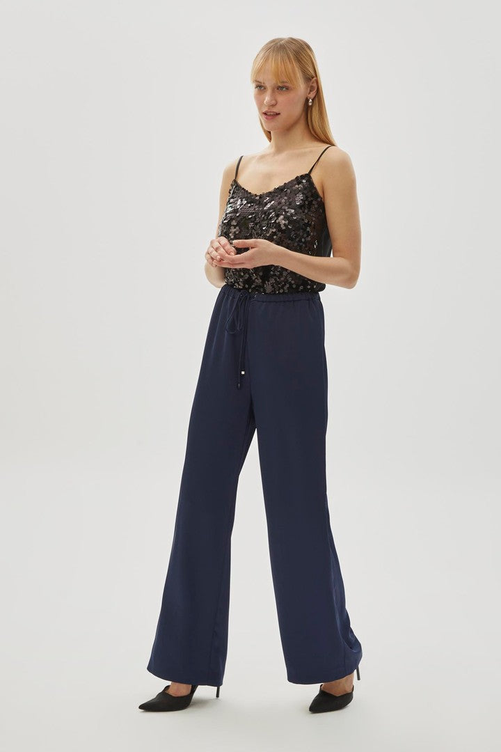 Regular Fit Wide Leg Trousers with Drawstring Detail