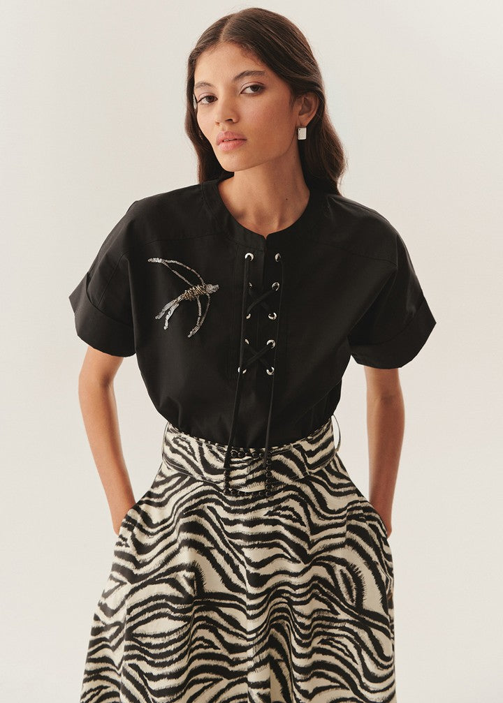 Embellished Lace-Up Cotton Blouse