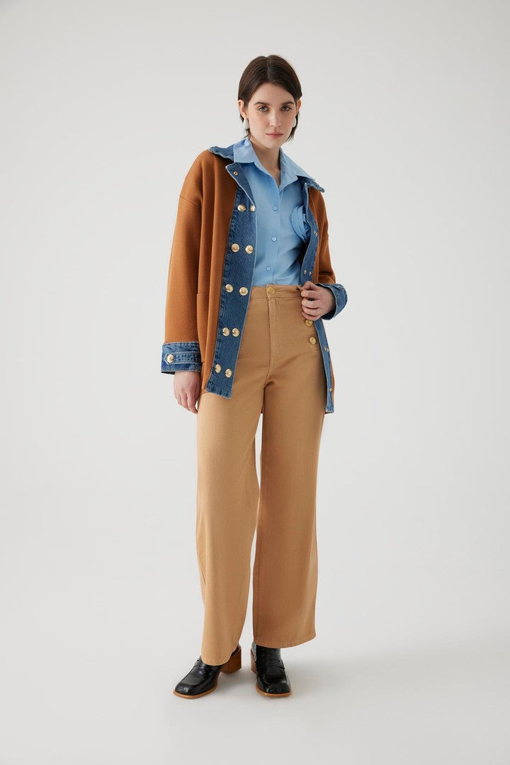 Camel Cotton Regular Fit Denim Pants with Button Details