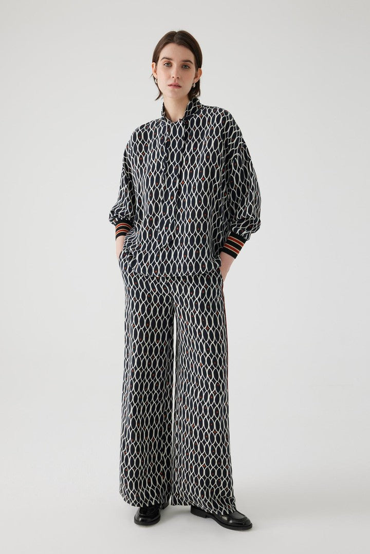 Regular Fit Blouse with Geometric Pattern and Scarf Neck