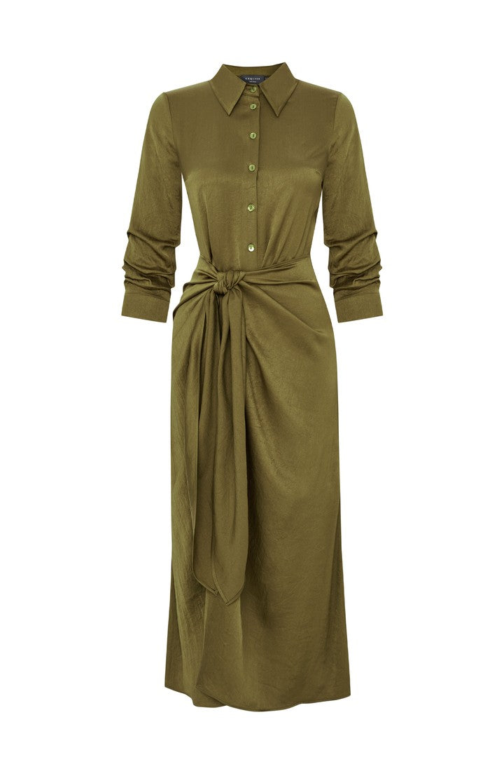 Khaki Midi Shirt Dress with Fitted Waist, Sleeve Details, and Waist Belt