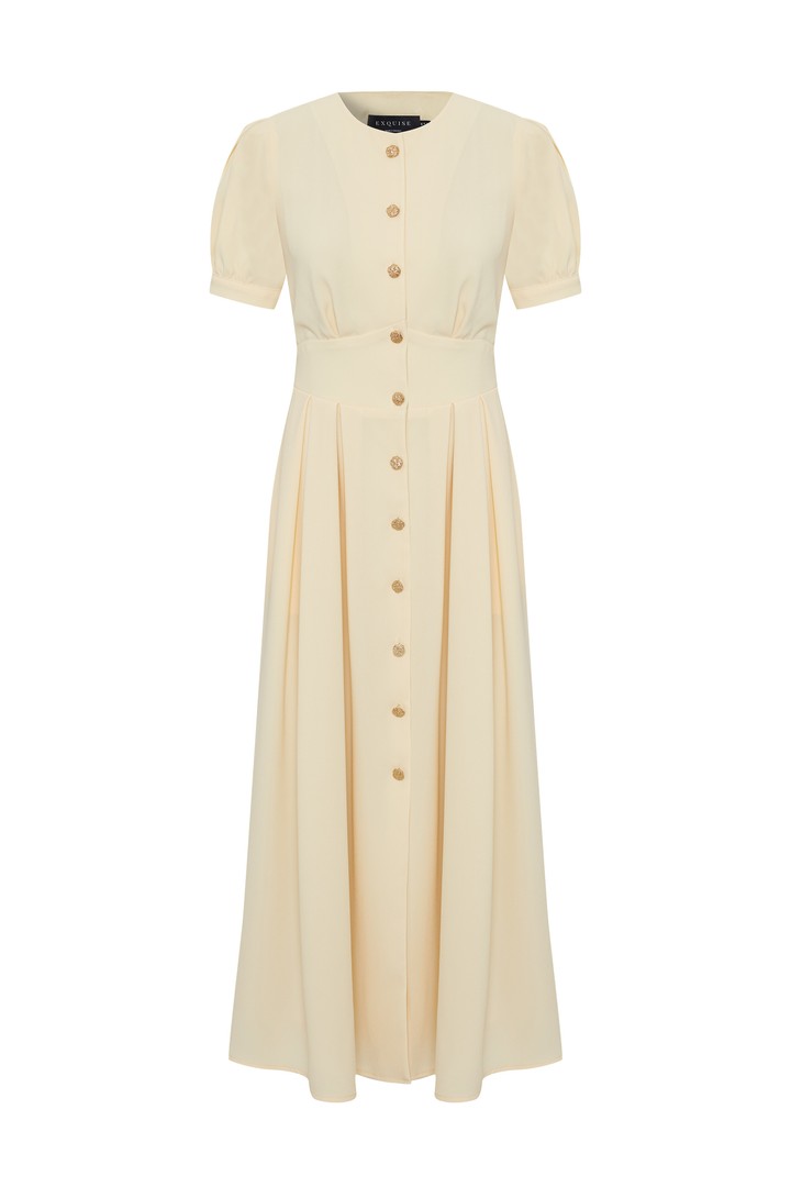 Beige Short Sleeve Dress with Front Buttons and Fitted Waist