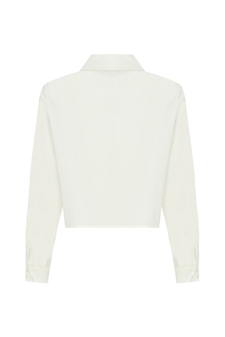 Ecru Straight Cut Cotton Shirt with Embroidered Details