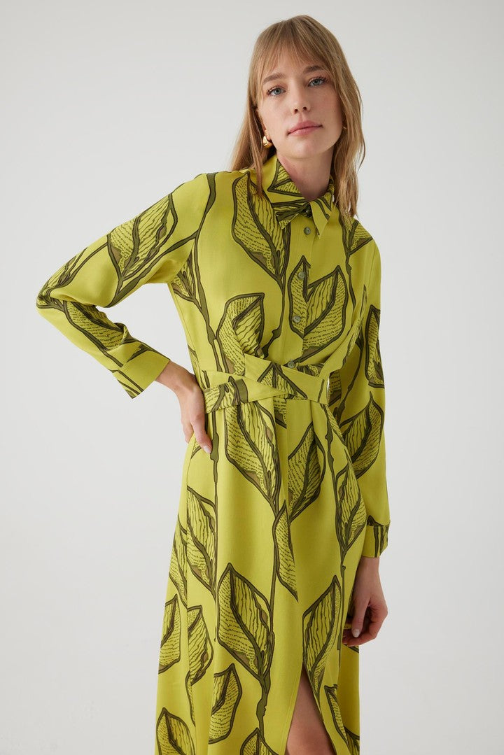 Green Floral Print Midi Shirt Dress