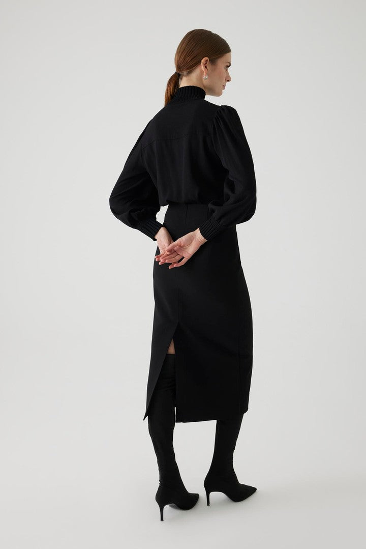 Black Relaxed Fit Shirt with High Neck, Knit Details, and Long Sleeves