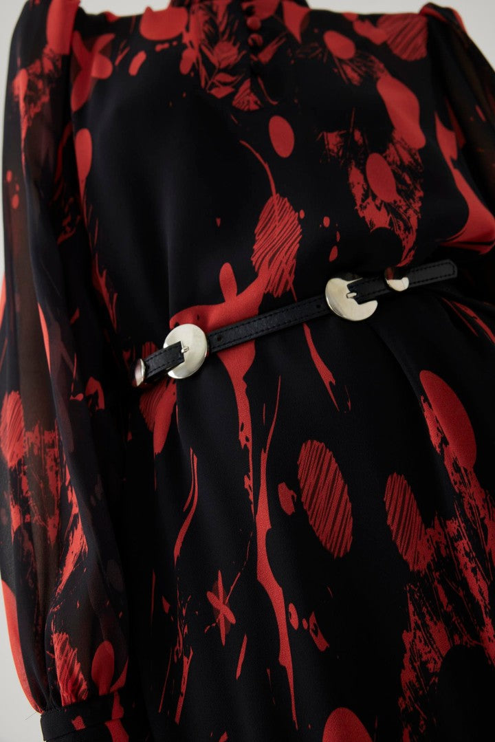 Red Printed Chiffon Regular Fit Dress with Belt