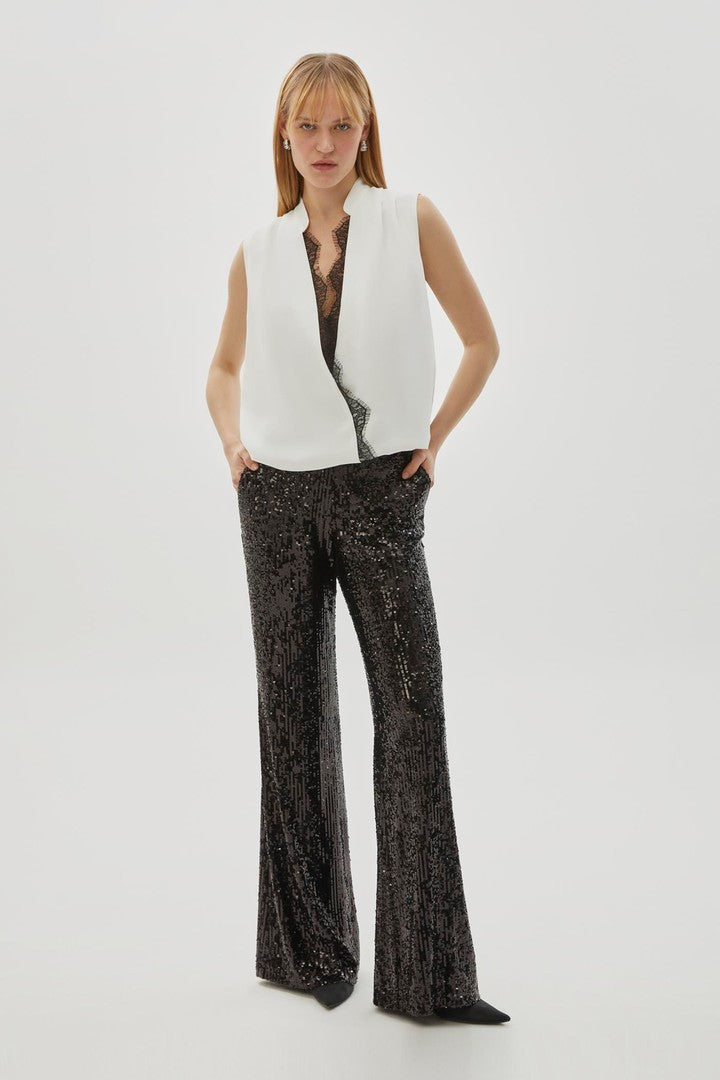 Bone Regular Fit Sleeveless Blouse with Lace Trim