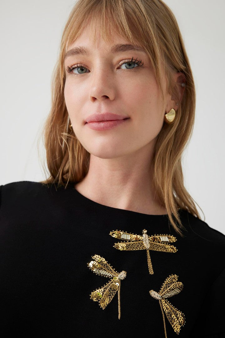 Stretch Knit Mini Dress with Embroidered Details and Crew Neck