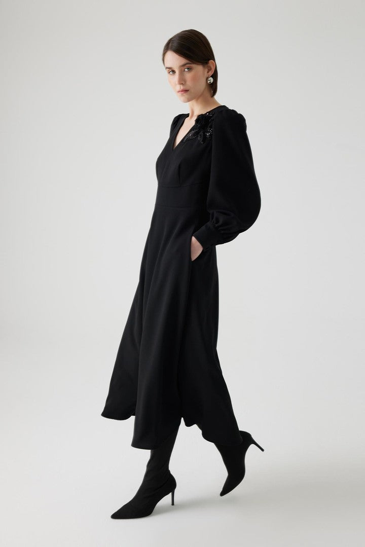 Black Regular Fit Midi Dress with Floral Embroidery