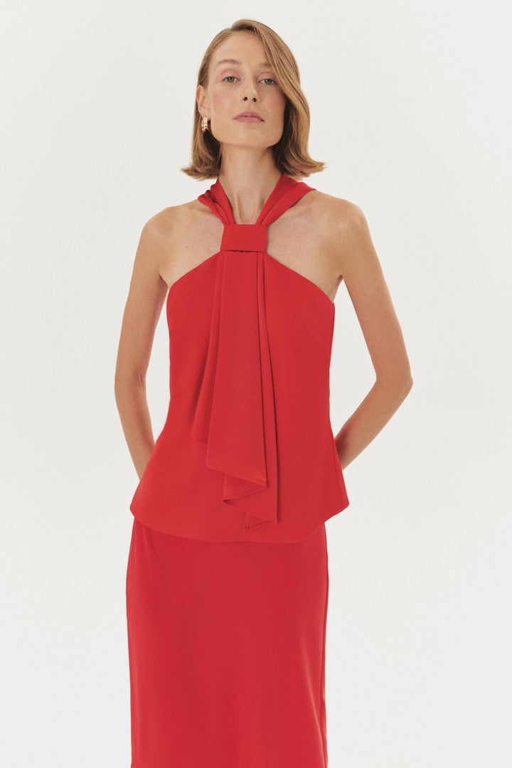 Red Regular Fit Satin Blouse with Knot Detail