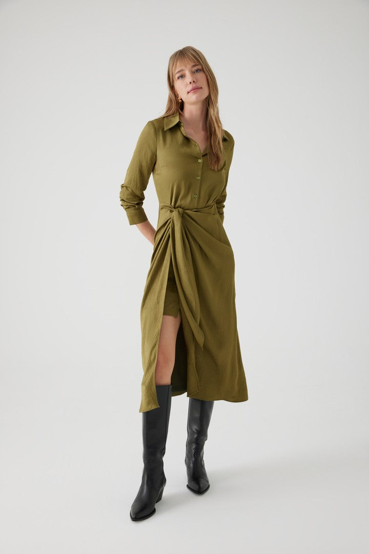 Khaki Midi Shirt Dress with Fitted Waist, Sleeve Details, and Waist Belt