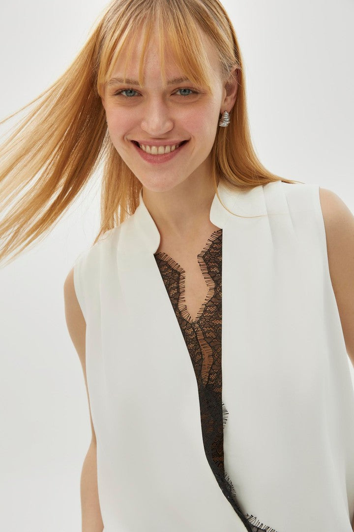 Bone Regular Fit Sleeveless Blouse with Lace Trim