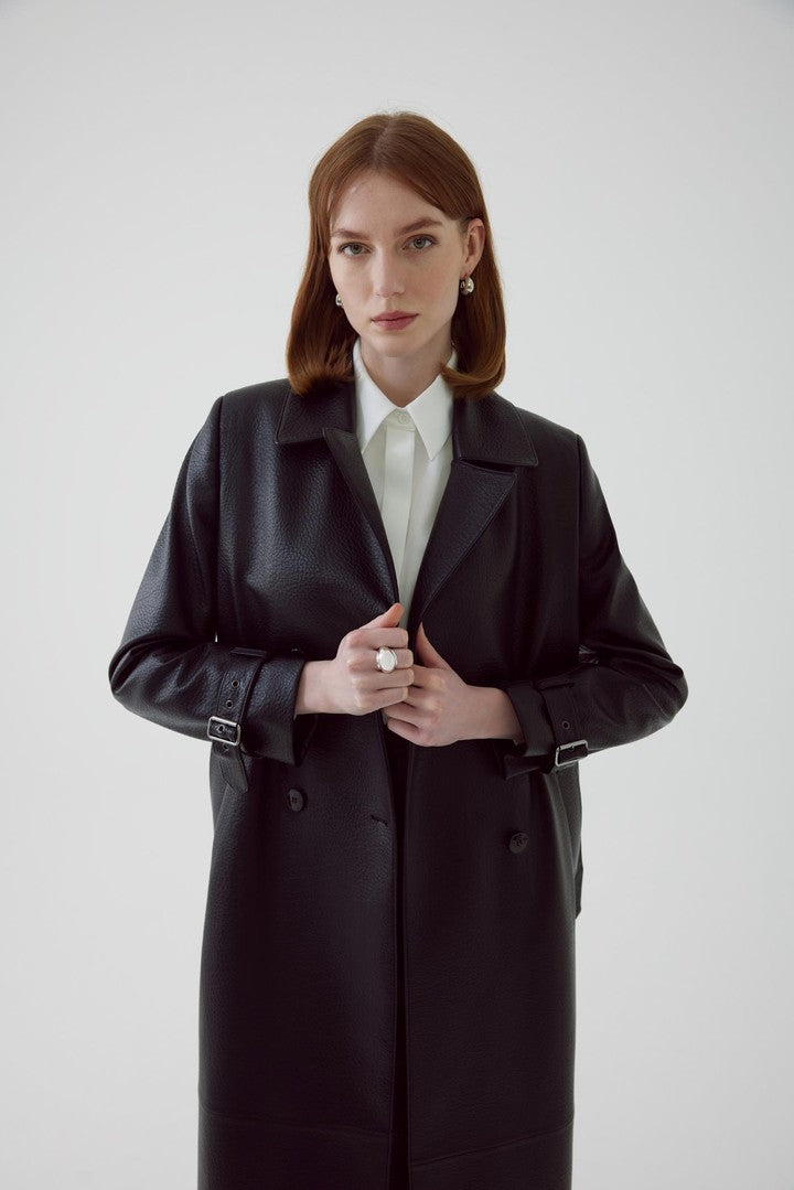 Black Regular Fit Belted Trench Coat in Eco Leather
