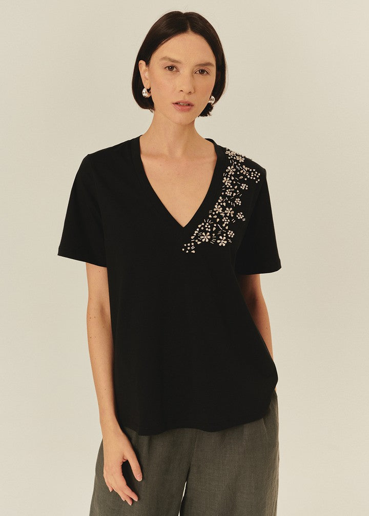 Embroidered V-Neck Cotton T-Shirt
