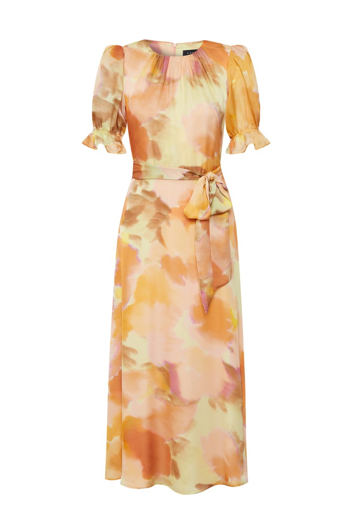 Abstract Print Midi Dress with Balloon Sleeves, Crew Neck, and Fitted Waist